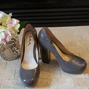 MIA brand, patent leather platform heels.